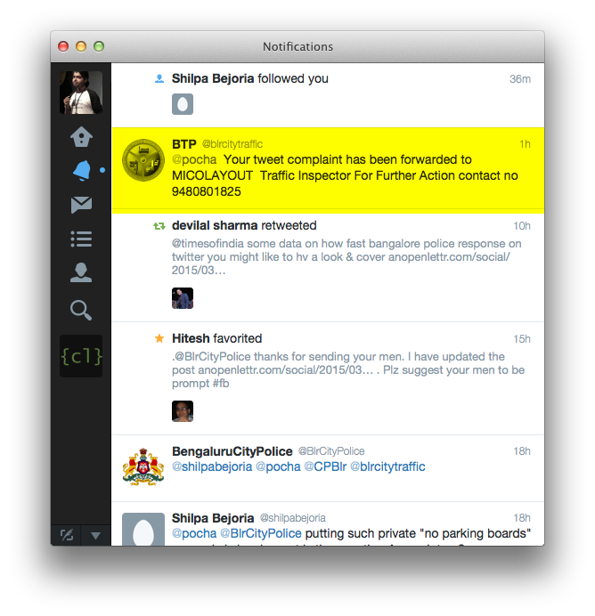 BlrCityTraffic tweet with Mico Layout inspector contact
