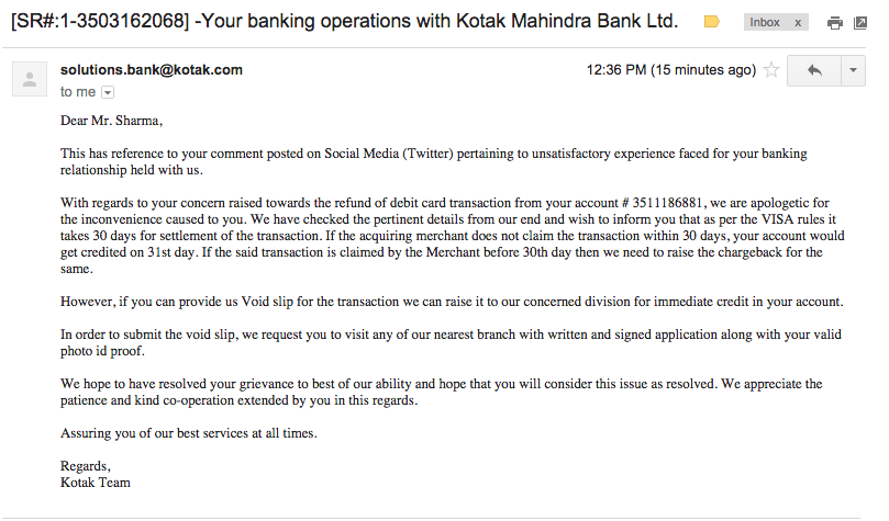 Kotak first email