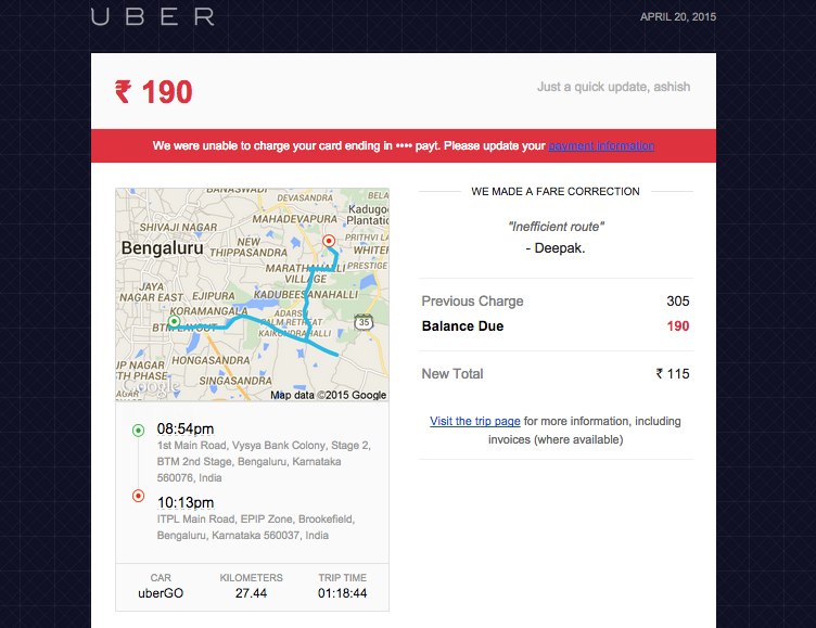 Uber Corrected Bill Screenshot